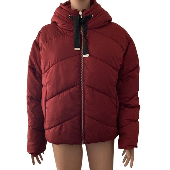 # 87 Nordstrom Puffer Coat Jacket Womens Size Medium Burgundy Wine New Chevron - Picture 10 of 10